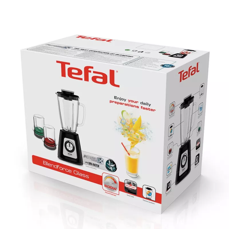 Galda blenderis Tefal BlendForce II BL4388 — 800 W, 1,25 L stikla trauks, ledus drupināšana, melns/brushed steel