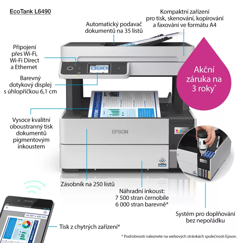 Daudzfunkciju printeris Epson EcoTank L6490 — tintes krāsu, 4800x1200 dpi, 37 lpp/min, A4 duplekss, Wi‑Fi, Ethernet