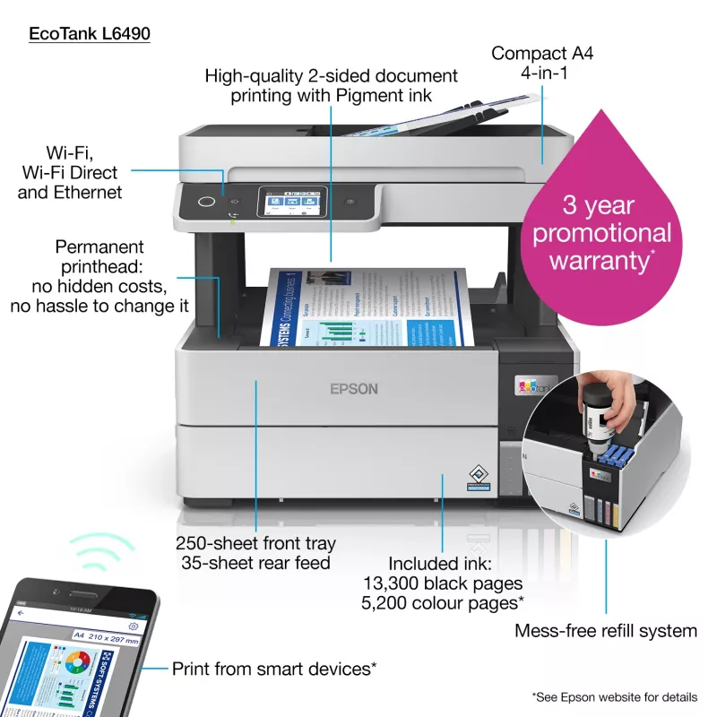 Daudzfunkciju printeris Epson EcoTank L6490 — tintes krāsu, 4800x1200 dpi, 37 lpp/min, A4 duplekss, Wi‑Fi, Ethernet