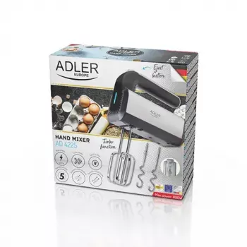 Rokas mikseris Adler AD 4225 — 5 ātrumi, turbo, 300 W, inox/sudrabs-melns, putotāji un mīklas āķi