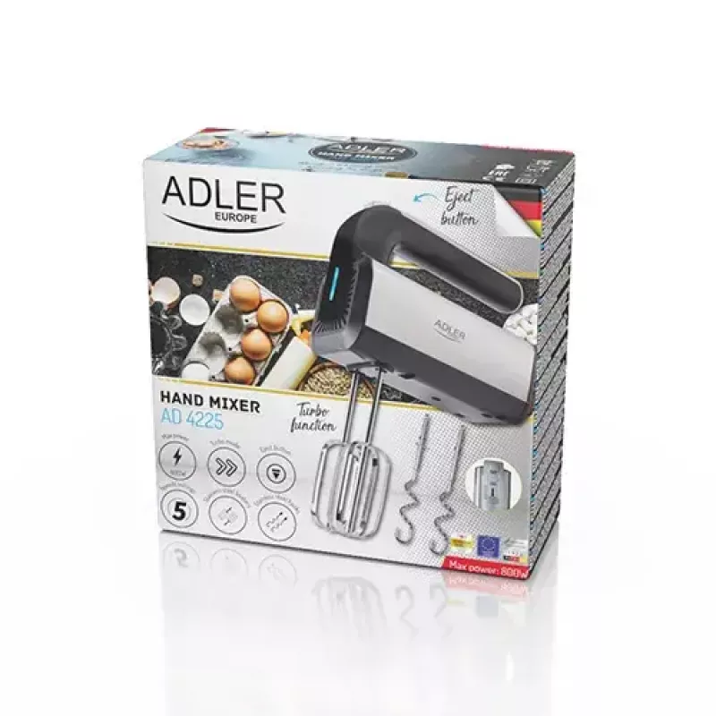Rokas mikseris Adler AD 4225 — 5 ātrumi, turbo, 300 W, inox/sudrabs-melns, putotāji un mīklas āķi