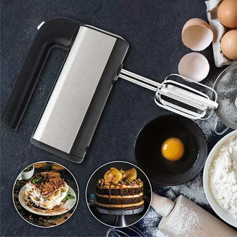 Rokas mikseris Adler AD 4225 — 5 ātrumi, turbo, 300 W, inox/sudrabs-melns, putotāji un mīklas āķi