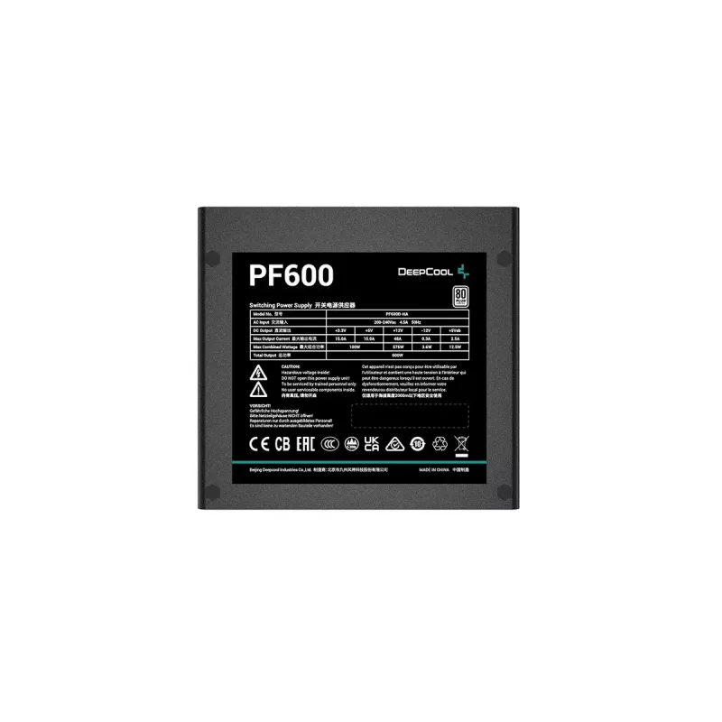 Barošanas bloks DeepCool PF600 600 W, ATX 2.4, 80 PLUS, 48 A uz +12V, 120 mm ventilators, nemodulārs