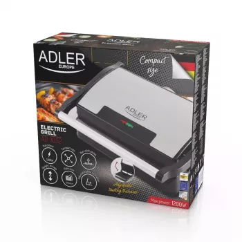 Kontaktgrils Adler AD 3052 taisnstūra tērauds/melns, 1200 W, režģa virsma, fiksējams vāks