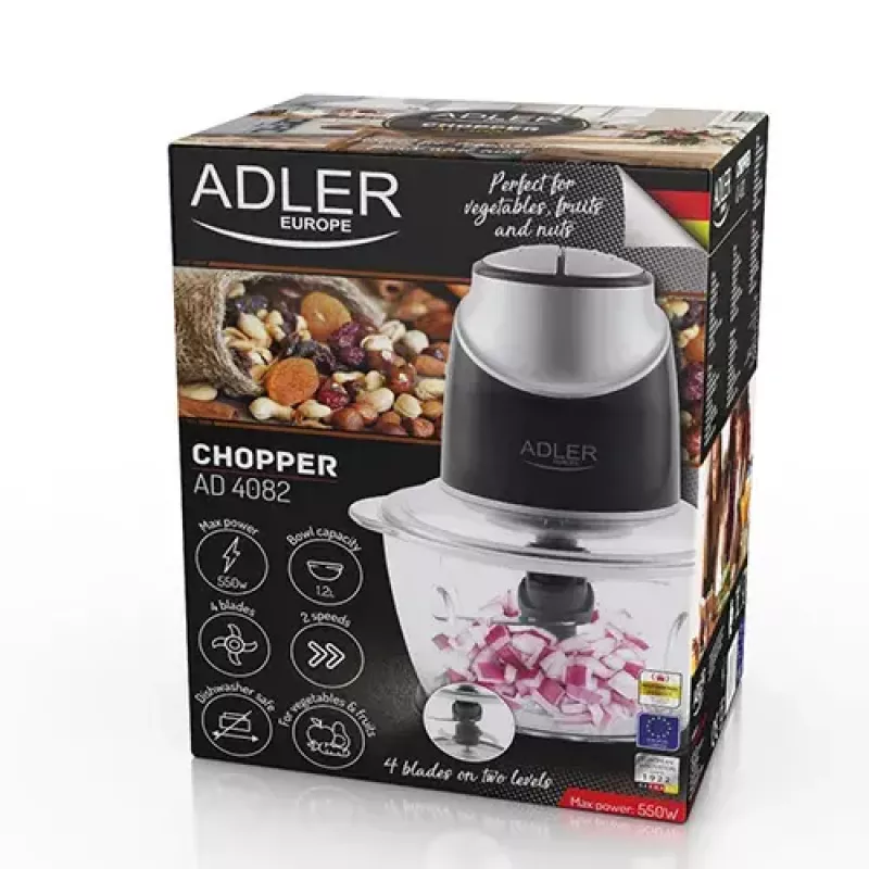 Elektriskais virtuves kombains Adler AD 4082, 1,2 L stikla bļoda, 300 W, 2 ātrumi, pulse, nerūsējošā tērauda asmeņi