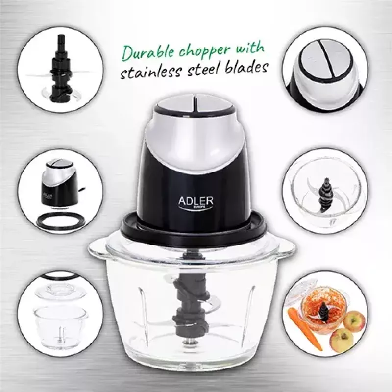 Elektriskais virtuves kombains Adler AD 4082, 1,2 L stikla bļoda, 300 W, 2 ātrumi, pulse, nerūsējošā tērauda asmeņi