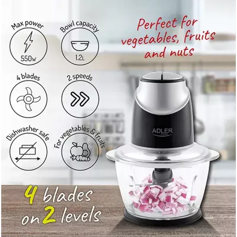Elektriskais virtuves kombains Adler AD 4082, 1,2 L stikla bļoda, 300 W, 2 ātrumi, pulse, nerūsējošā tērauda asmeņi