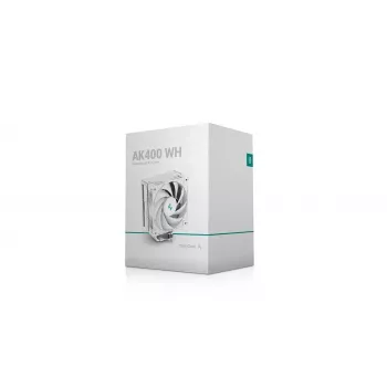 Gaisa dzesētājs DeepCool AK400 WH — 4×6 mm vara siltumcaurules, 120 mm FDB ventilators, 1850 RPM, 66,47 CFM, piemērots LGA 1700 un parastajiem Intel/AMD ligzdām, balts