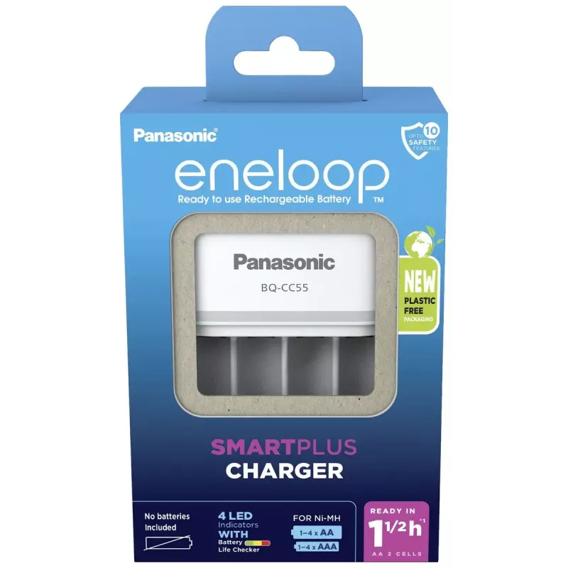 Lādētājs baterijām Panasonic BQ-CC55E — kompakts NiMH/NiCd lādētājs AA/AAA uzlādējamām baterijām