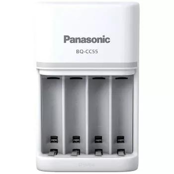Lādētājs baterijām Panasonic BQ-CC55E — kompakts NiMH/NiCd lādētājs AA/AAA uzlādējamām baterijām