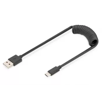 Digitus USB 2.0 USB A – USB C spirāles kabelis 1m 0.48 Gbit/s Melns