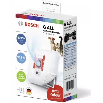 Putekļu maisiņš cilindriskajam putekļsūcējam Bosch BBZAFGALL — 4 iepakojums, balts, 240×75×165 mm, 100 g katrs