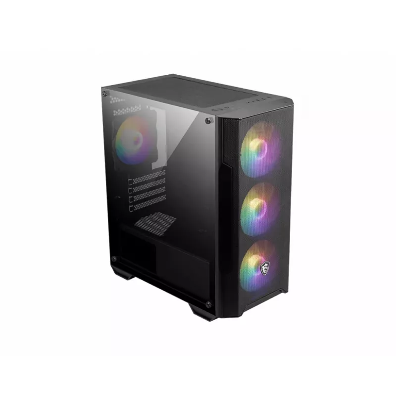 PC korpuss MSI MAG FORGE M100A Micro Tower Melns ar rūdītu stiklu, 3x120mm priekšējie ventilatori, RGB, microATX/Mini-ITX