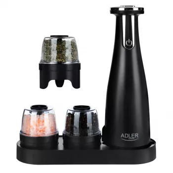 Sāls un piparu dzirnaviņu komplekts Adler AD 4449B — nerūsējošais tērauds/melns, 150 ml tilpums, litija baterija, 80×80×263 mm