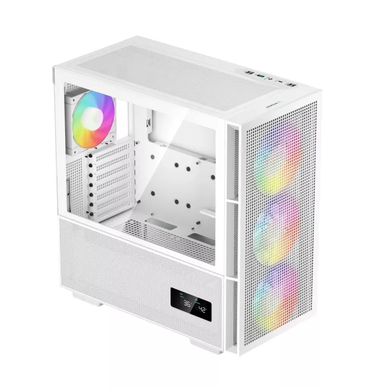 DeepCool CH560 Digital WH Mid-Tower datora kārba, E-ATX/ATX, rūdīts stikls, 3x 140 mm ARGB ventilatori, digitālais statusa displejs, USB-C, balta