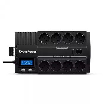 Nepārtrauktās barošanas avots CYBERPOWER BR1000ELCD — Line-Interactive UPS 1 kVA / 600 W, 8 Type F kontaktligzdas, USB, galddators, melns