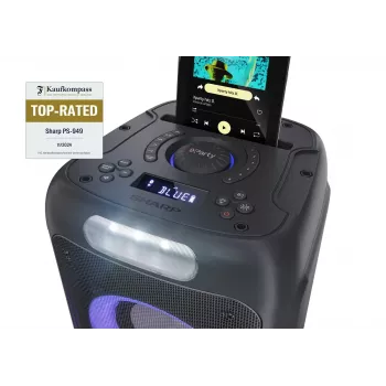 Pārtskaņas skaļrunis Sharp PS-949 — 2.1 kanāli, 132 W PMPO, 8 collu zemfrekvences skaļrunis, Bluetooth A2DP/AVRCP, vadu un bezvadu, melns, plastmasas korpuss