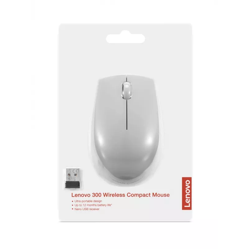 Bezvadu pele Lenovo Compact Mouse Arctic Grey — ambidextra, RF bezvadu, 1000 DPI, 3 pogas, ar bateriju