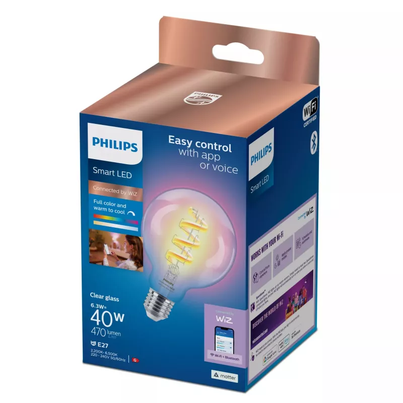 Philips Filament Clear 40 W G95 E27 viedā spuldze, Wi-Fi/Bluetooth