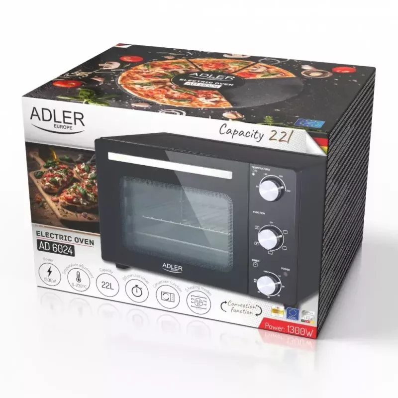 Elektriskais galda krāsns Adler AD 6024 — kompakts 22 L, 1300 W, melns