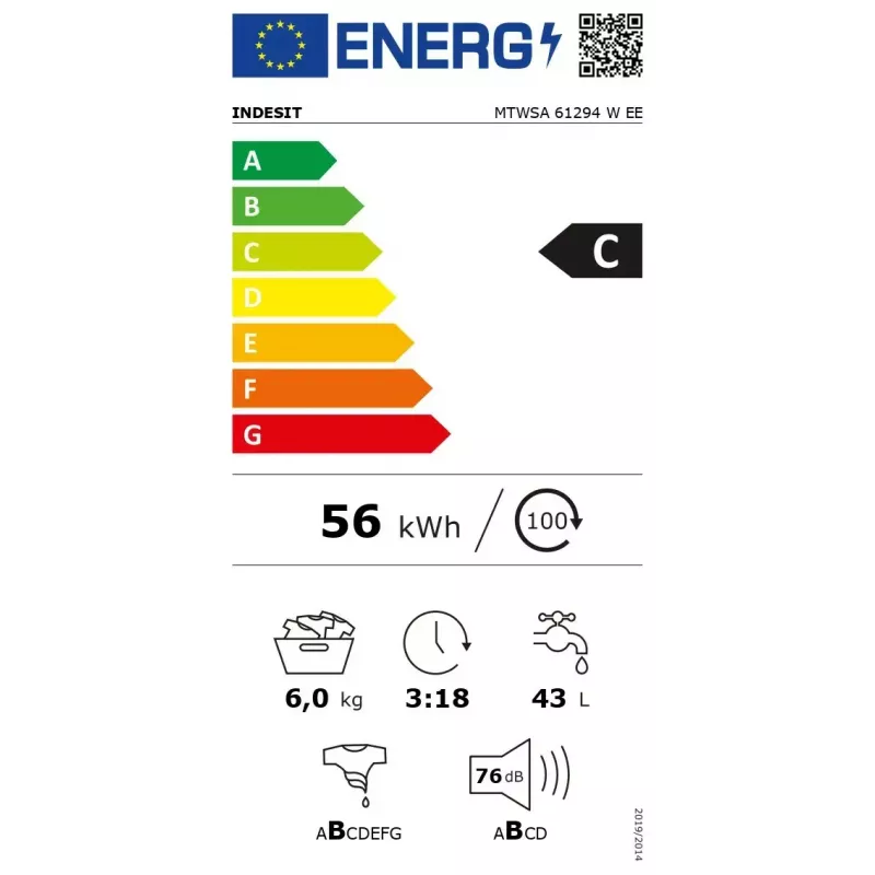 Veļas mazgājamā mašīna ar priekšējo ielādi INDESIT MTWSA 61294 W EE, 6 kg, invertora motors, Energoklase C