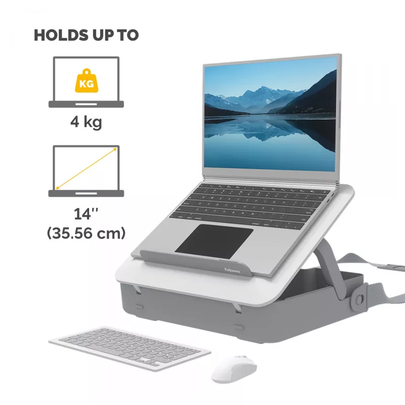 Fellowes Breyta aizslēdzama portatīvā datora soma ar iebūvētu statīvu, balta, līdz 14 collu/4 kg