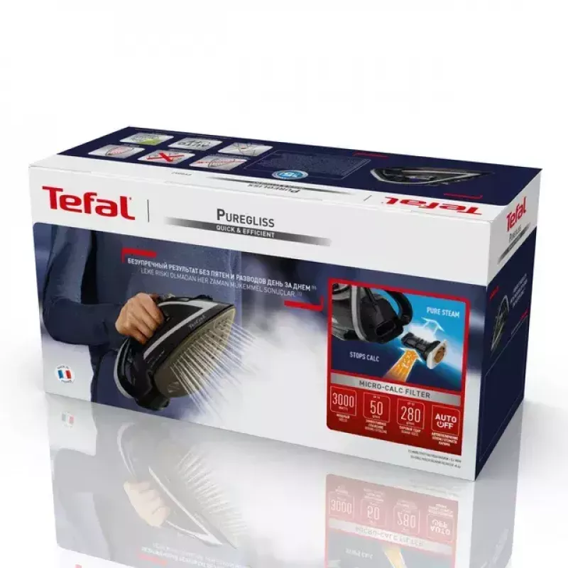 Gludeklis Tefal Puregliss FV8062E0 Sausā un tvaika gludeklis Durilium AirGlide Autoclean zole 3000 W Melns, Pelēks