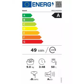 Veļas mazgājamā mašīna Bosch WGG244ZMSN, priekšējā ielāde 9 kg, Energoefektivitātes klase A