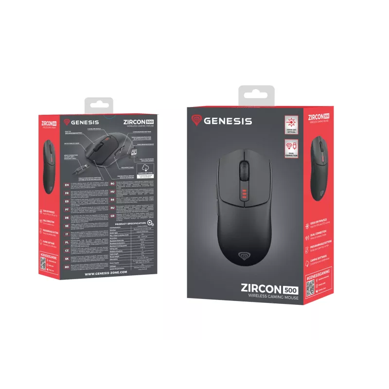 Pele GENESIS Zircon 500 Gaming, Bezvadu RF + Bluetooth + USB-C, Optiskā, 10000 DPI