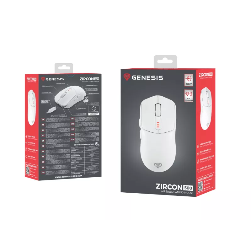 Pele GENESIS Zircon 500 Gaming, Bezvadu RF + Bluetooth + USB-C, Optiskā, 10000 DPI