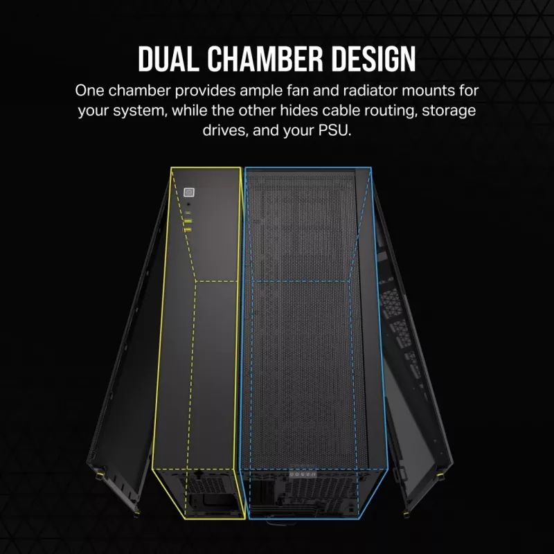 PC korpuss CORSAIR 2500D AIRFLOW Midi Tower Melns — ATX/Micro ATX, priekšējais 280 mm radiators, USB-A x2, USB-C x1