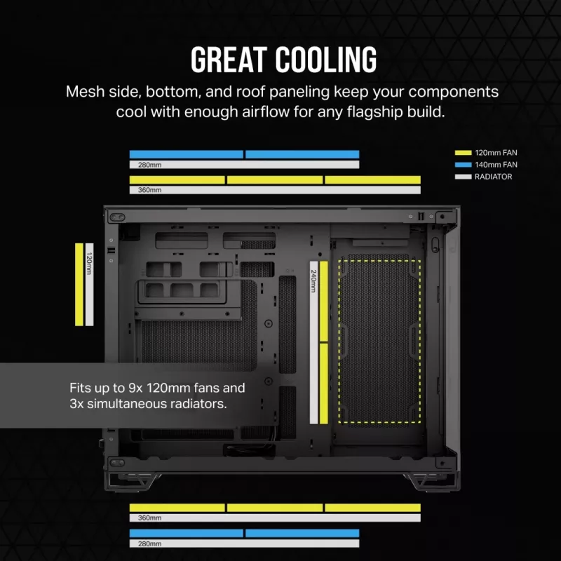 PC korpuss CORSAIR 2500D AIRFLOW Midi Tower Melns — ATX/Micro ATX, priekšējais 280 mm radiators, USB-A x2, USB-C x1