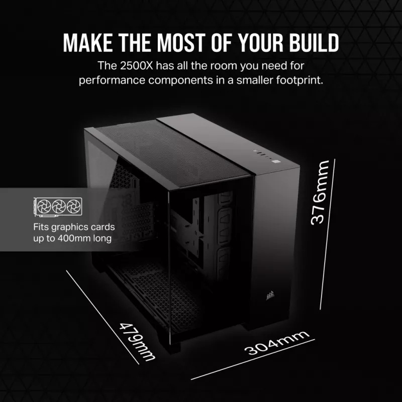 PC korpuss CORSAIR 2500D AIRFLOW Midi Tower Melns — ATX/Micro ATX, priekšējais 280 mm radiators, USB-A x2, USB-C x1