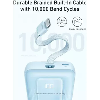 Anker Zolo 10000mAh portatīvais akumulators, 30W ātrā uzlāde, integrēts USB-C kabelis, melns