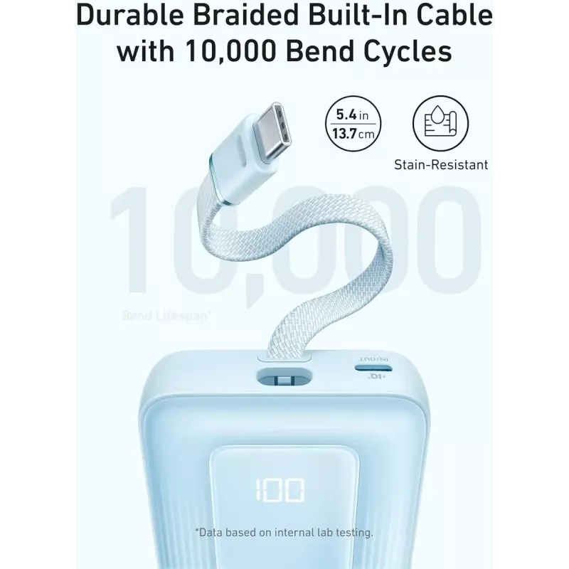 Anker Zolo 10000mAh portatīvais akumulators, 30W ātrā uzlāde, integrēts USB-C kabelis, melns