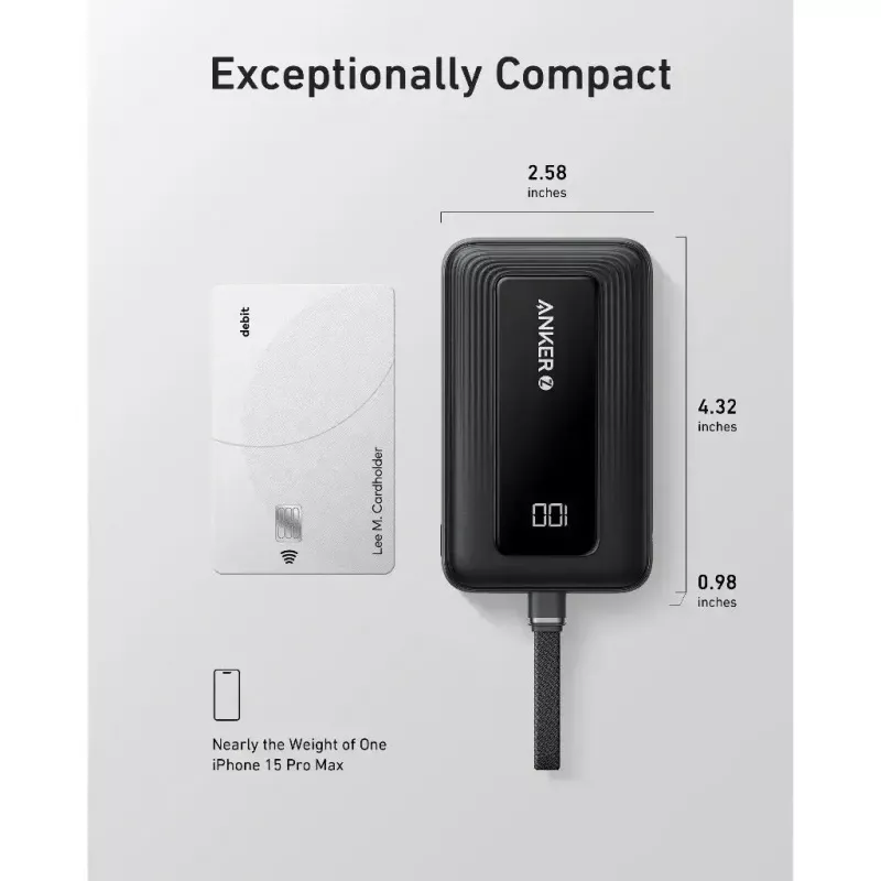 Anker Zolo 10000mAh portatīvais akumulators, 30W ātrā uzlāde, integrēts USB-C kabelis, melns