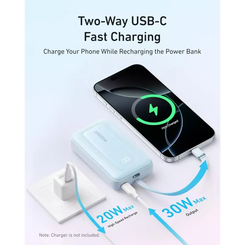 Anker Zolo 10000mAh portatīvais akumulators, 30W ātrā uzlāde, integrēts USB-C kabelis, melns