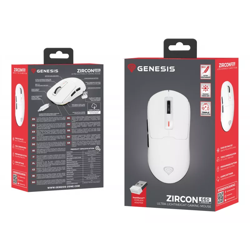GENESIS Zircon 660 spēļu pele, labā roka, RF bezvadu + Bluetooth + USB Type-A, optiskā, 12000 DPI