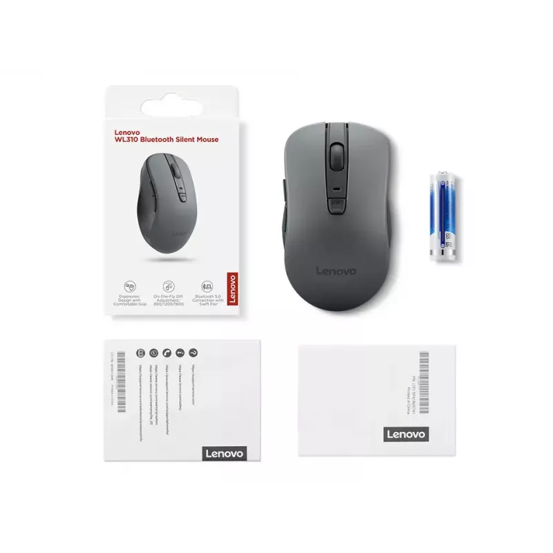 Bezvadu ambidextrous pele Lenovo WL310 Office — Bluetooth, optiskā, 1200 DPI, 6 pogas, ritenītis, pelēka, bateriju darbināma