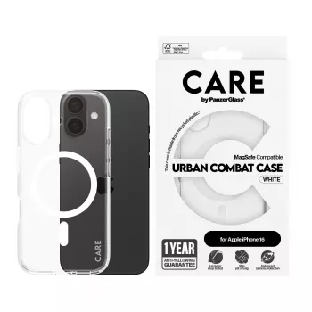 PanzerGlass CARE™ by ® Urban Combat Maciņš Caurspīdīgs ar Balto MagSafe iPhone 16