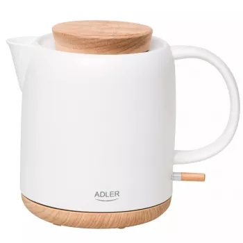 Elektriskā tējkanna Adler AD 1304 — 1 L, 1200 W, keramikas korpuss, eņģes vāks, 360° grozāma pamatne, balta