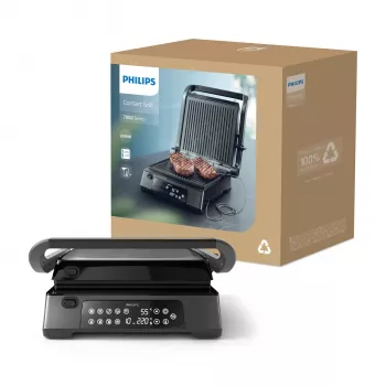 Philips 7000 Series Kontakta grils, melns, taisnstūrveida, skārienvadība, 220 °C, eņģes vāks, fiksējams vāks, 180°