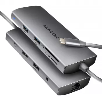 Axagon HMC-8HLSA, USB 5Gbps centrmezgls, 3x USB-A, HDMI 4K/60Hz, RJ-45, SD/microSD, audio, PD 100W