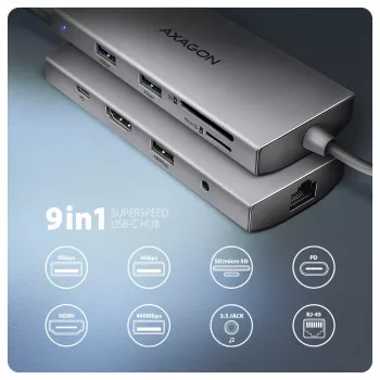 Axagon HMC-8HLSA, USB 5Gbps centrmezgls, 3x USB-A, HDMI 4K/60Hz, RJ-45, SD/microSD, audio, PD 100W