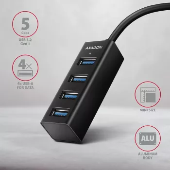 Axagon HUE-M1A 4x USB 3.2 Gen 1 MINI centrmezgls, metāls, 20cm USB-A kabelis