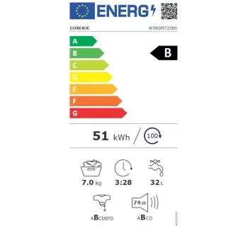 Veļas mazgājamā mašīna Gorenje W3NGPI72SBS priekšējā ielāde 7 kg, 1200 apgr./min, LCD, tvaiks, 59,5×43,5 cm, Energoefektivitātes klase B