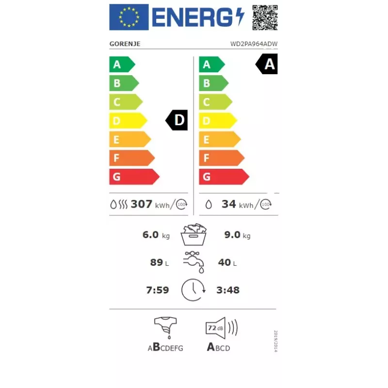Veļas žāvētājs Gorenje WD2PA964ADW 9 kg / 6 kg 1400 RPM