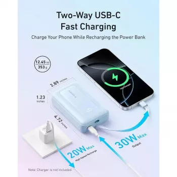 Powerbank Anker Zolo 10000mAh, 30W Super Fast Charging, USB-C integrēts kabelis, balts