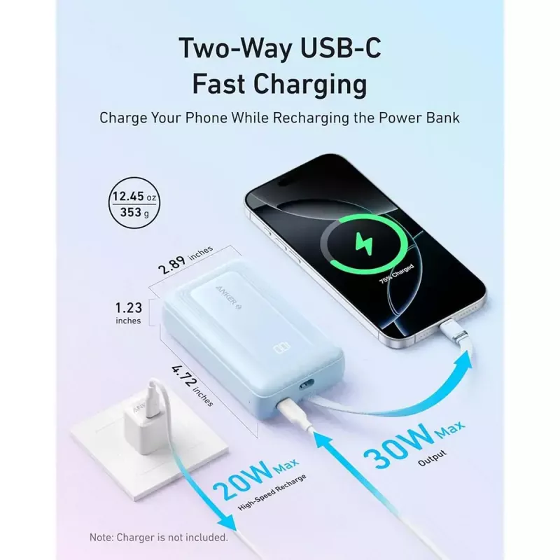 Powerbank Anker Zolo 10000mAh, 30W Super Fast Charging, USB-C integrēts kabelis, balts