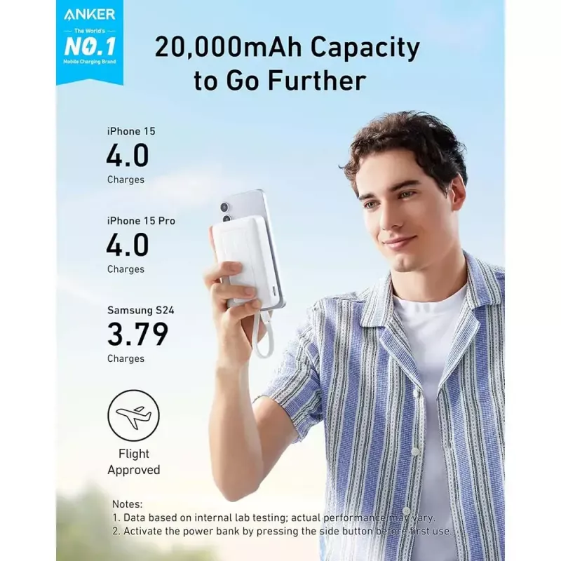 Powerbank Anker Zolo 10000mAh, 30W Super Fast Charging, USB-C integrēts kabelis, balts